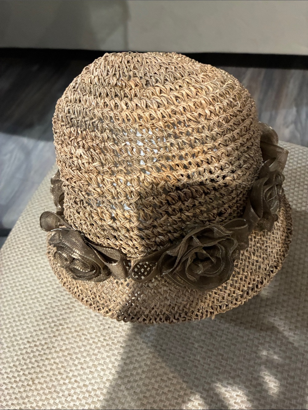 Beige Straw Cloche Hat with Decorative Rosette Trim